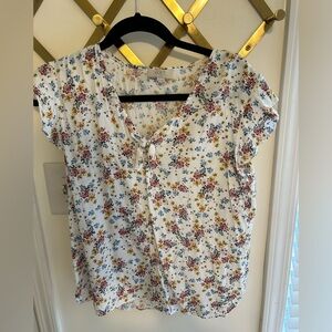 Loft white top with pastel flowers and tie neck